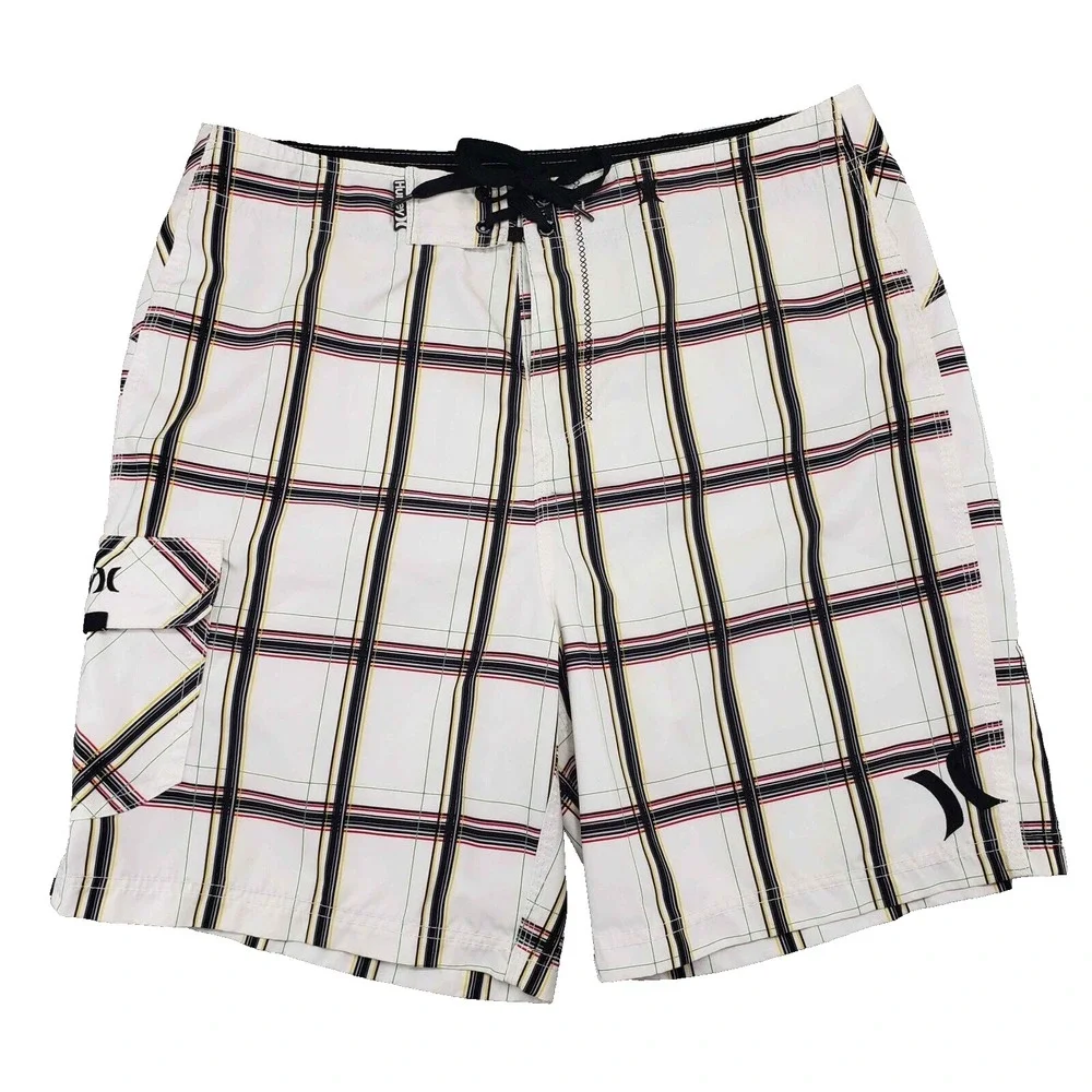 Hurley Board Shorts Mens 34 White Plaid 2009 Y2K Surf Swim Cargo Trunks